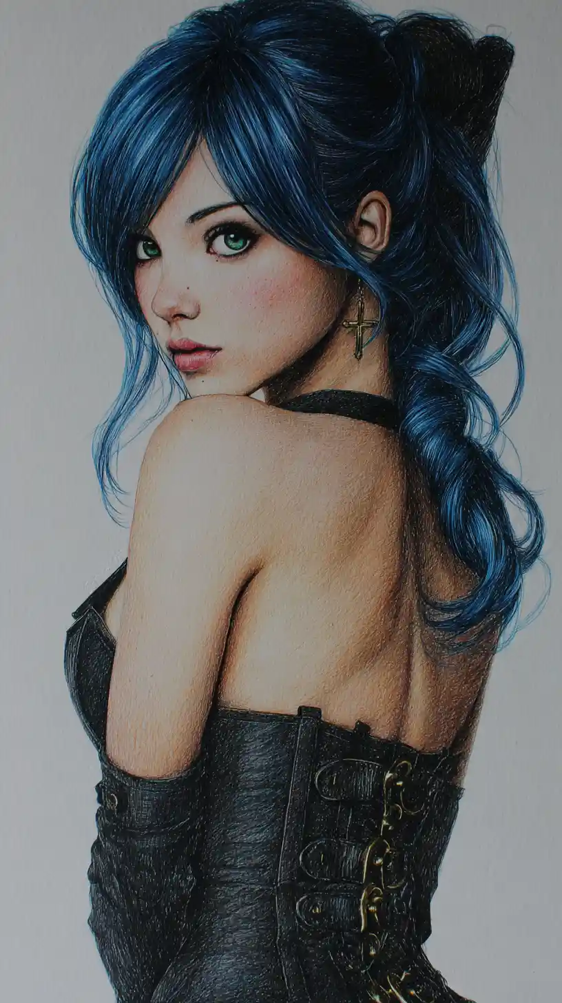 Blue haired anime girl posing in an elegant S curve