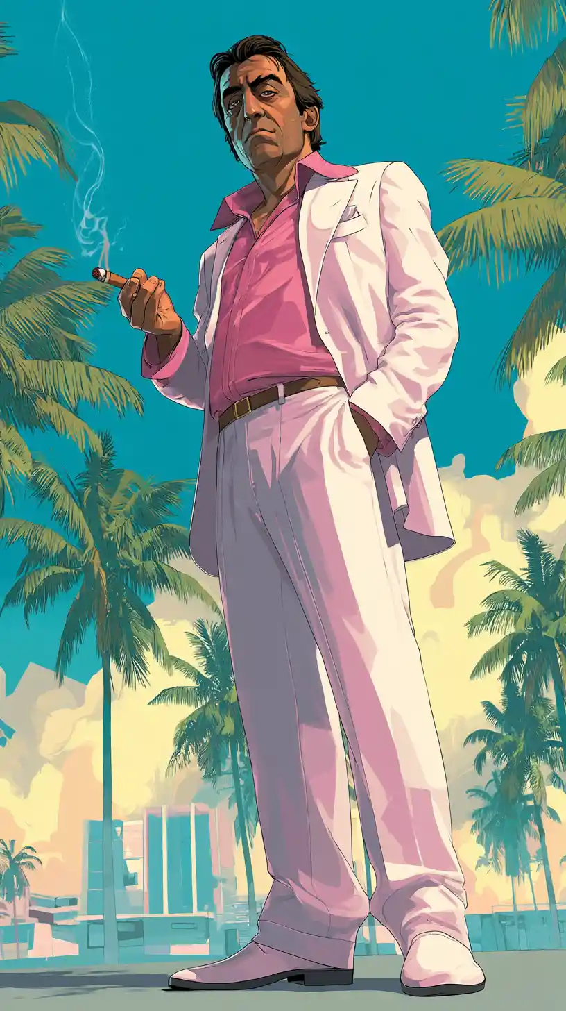 Stylized man in white suit in vibrant Miami city scene