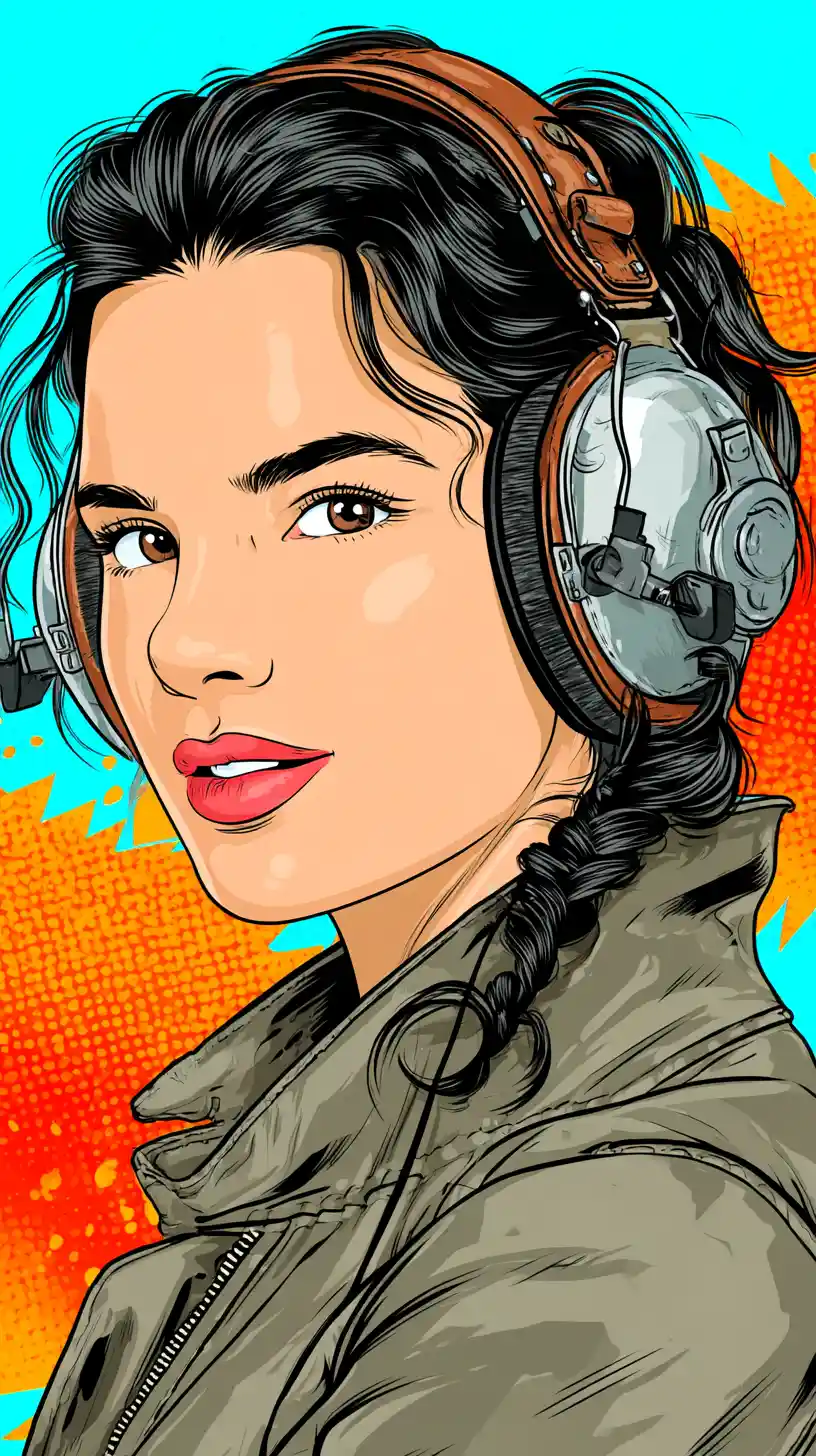 Confident anime aviator woman in retro headphone close up