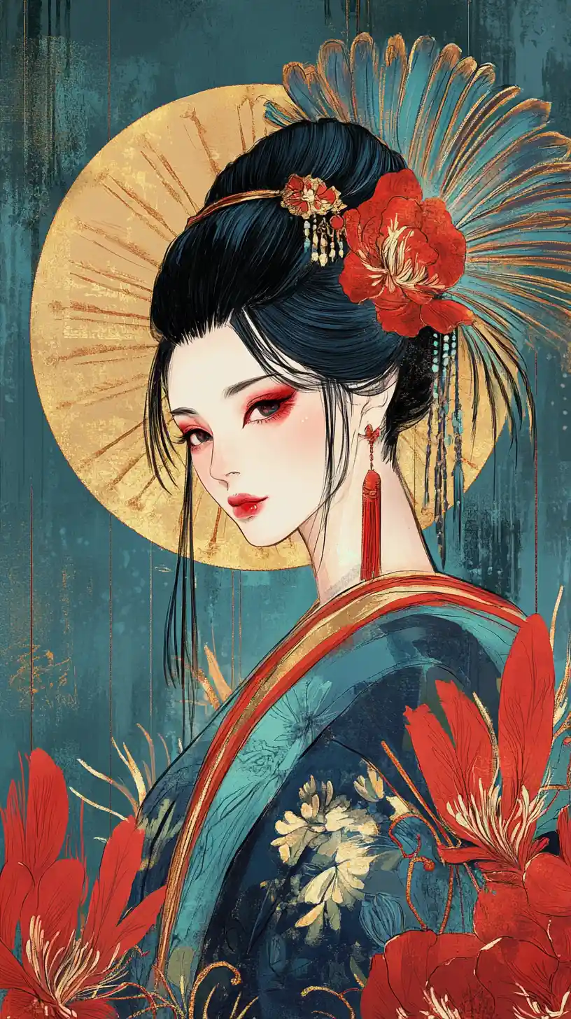 Ukiyo e inspired portrait of a woman with feathered shawl