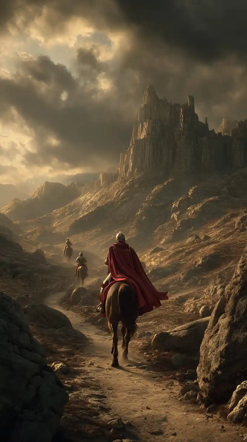 Lone medieval knight riding toward distant mountain fortress