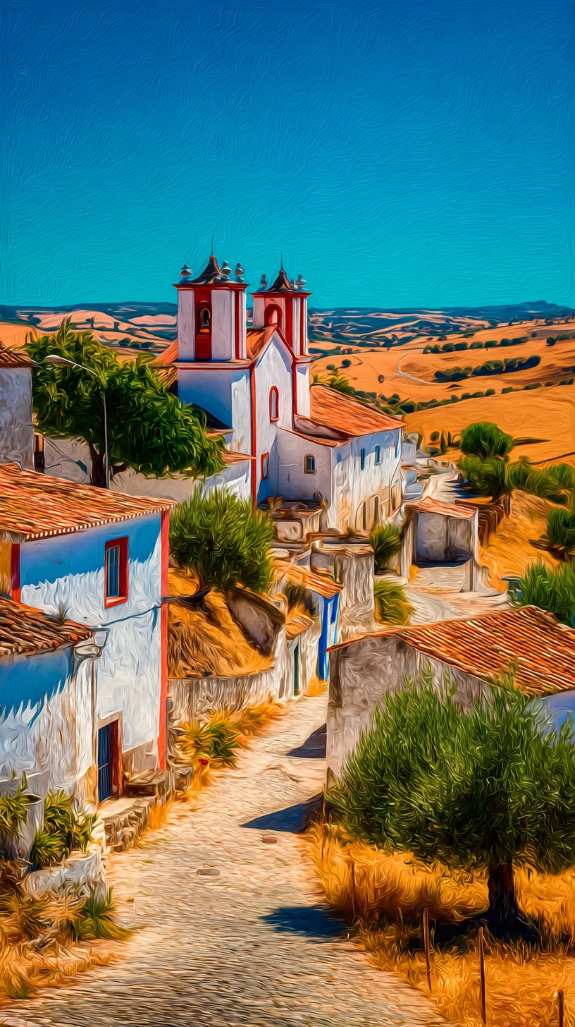 Sunlit Portuguese village street with white houses and church