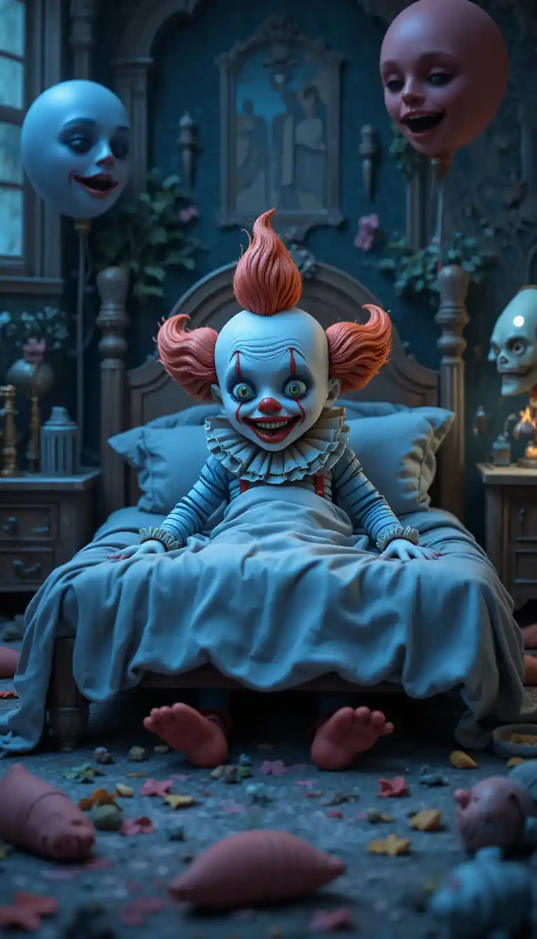 Childish clay illustration of a scary clown under bed