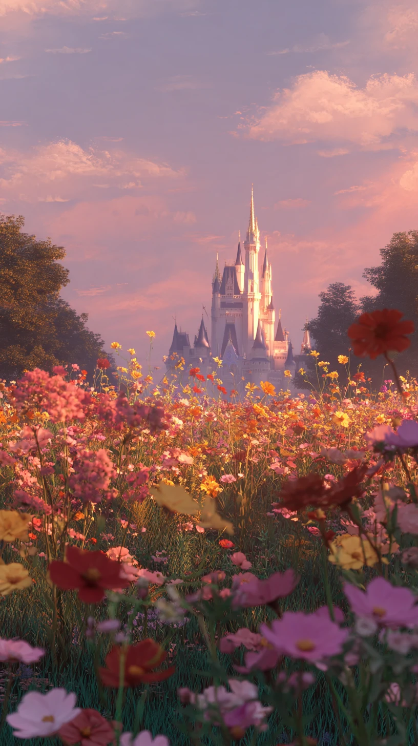 Jardín florido junto a un castillo de cuento de hadas a lo lejos
