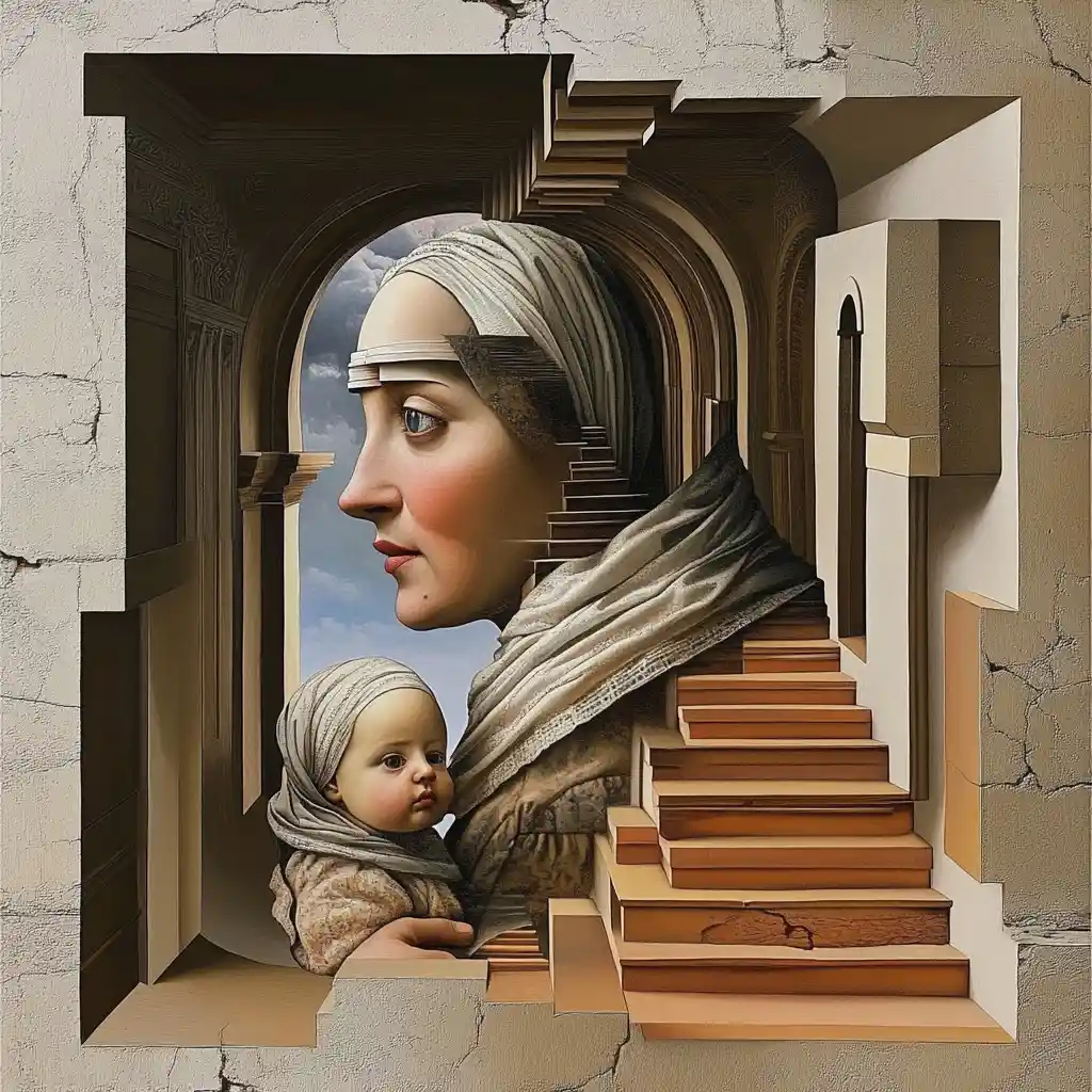 Surreal illusion of a mother and child in shifting forms