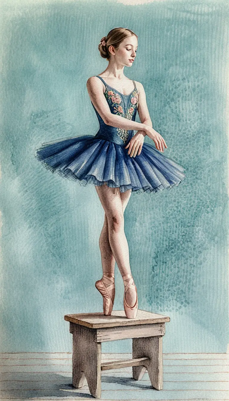 Seated ballerina in blue tutu on rustic wooden stool