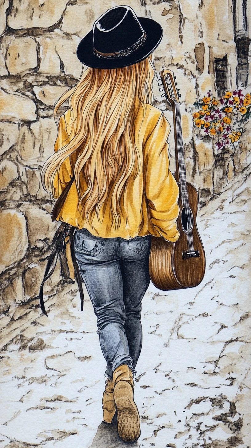 Donna bohemien che cammina con la chitarra su una strada di ciottoli