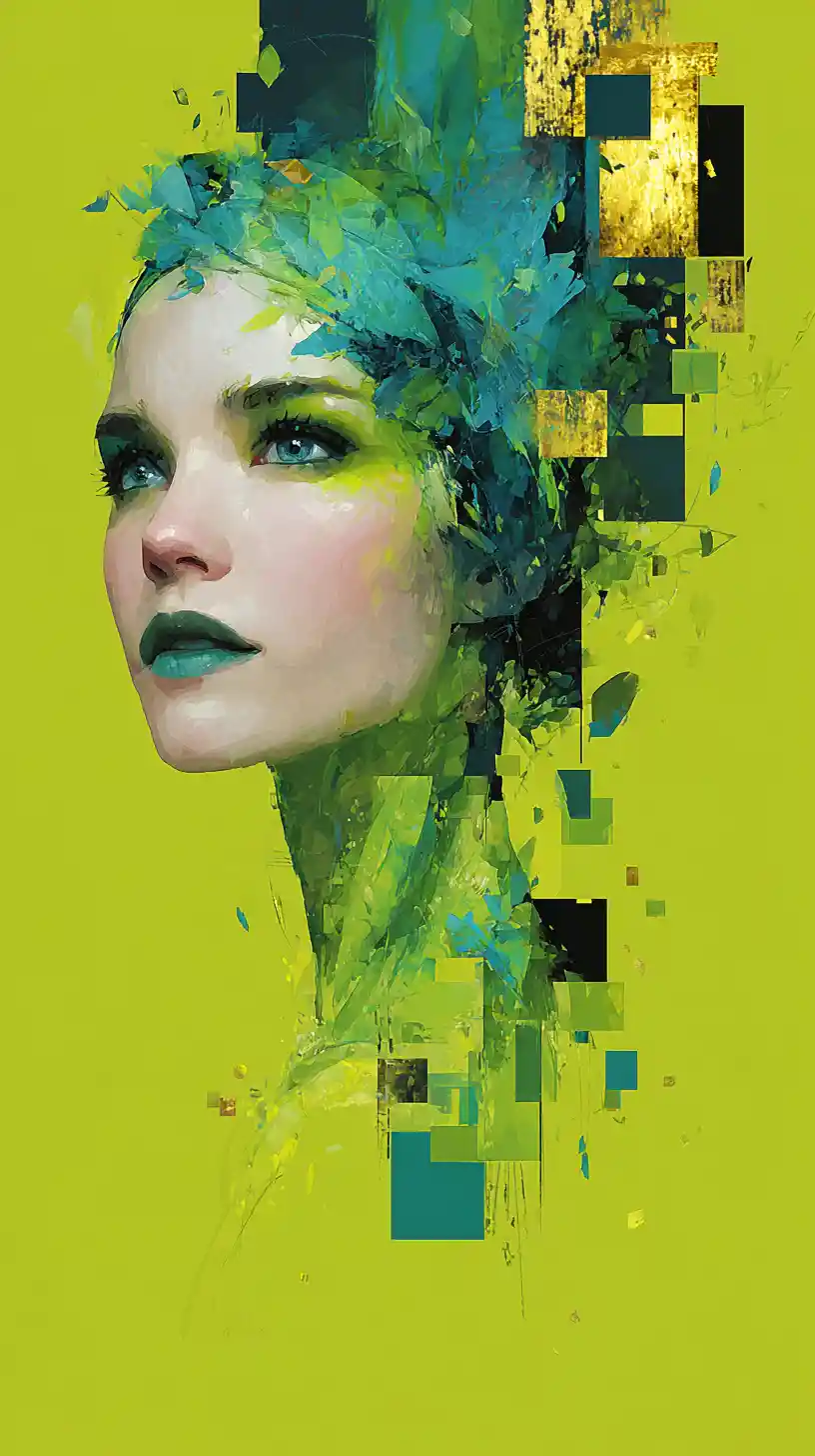 Elegant green haired woman portrait with abstract geometric pixels