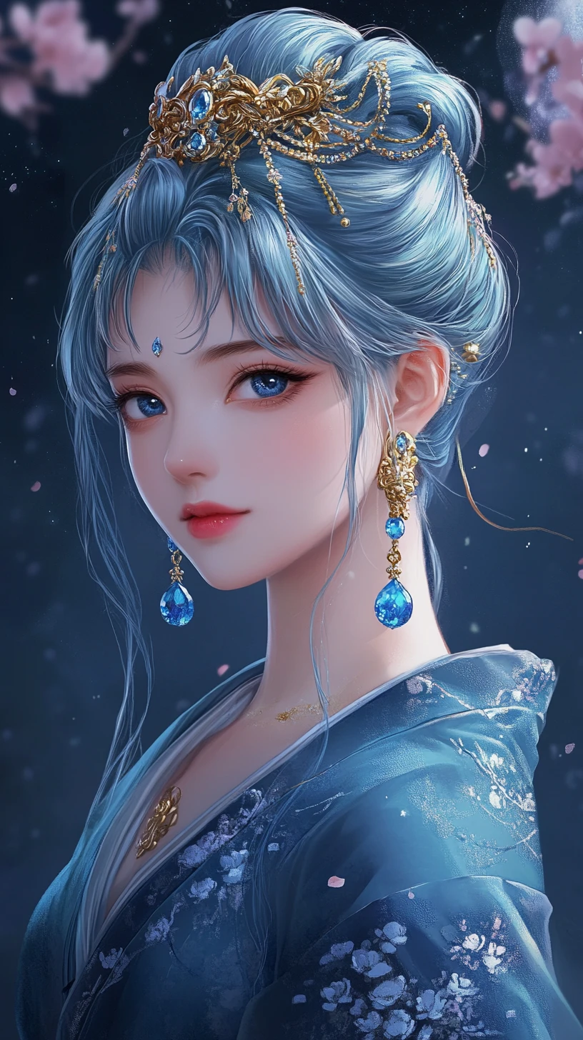 Elegant anime woman in moonlit cherry blossom garden