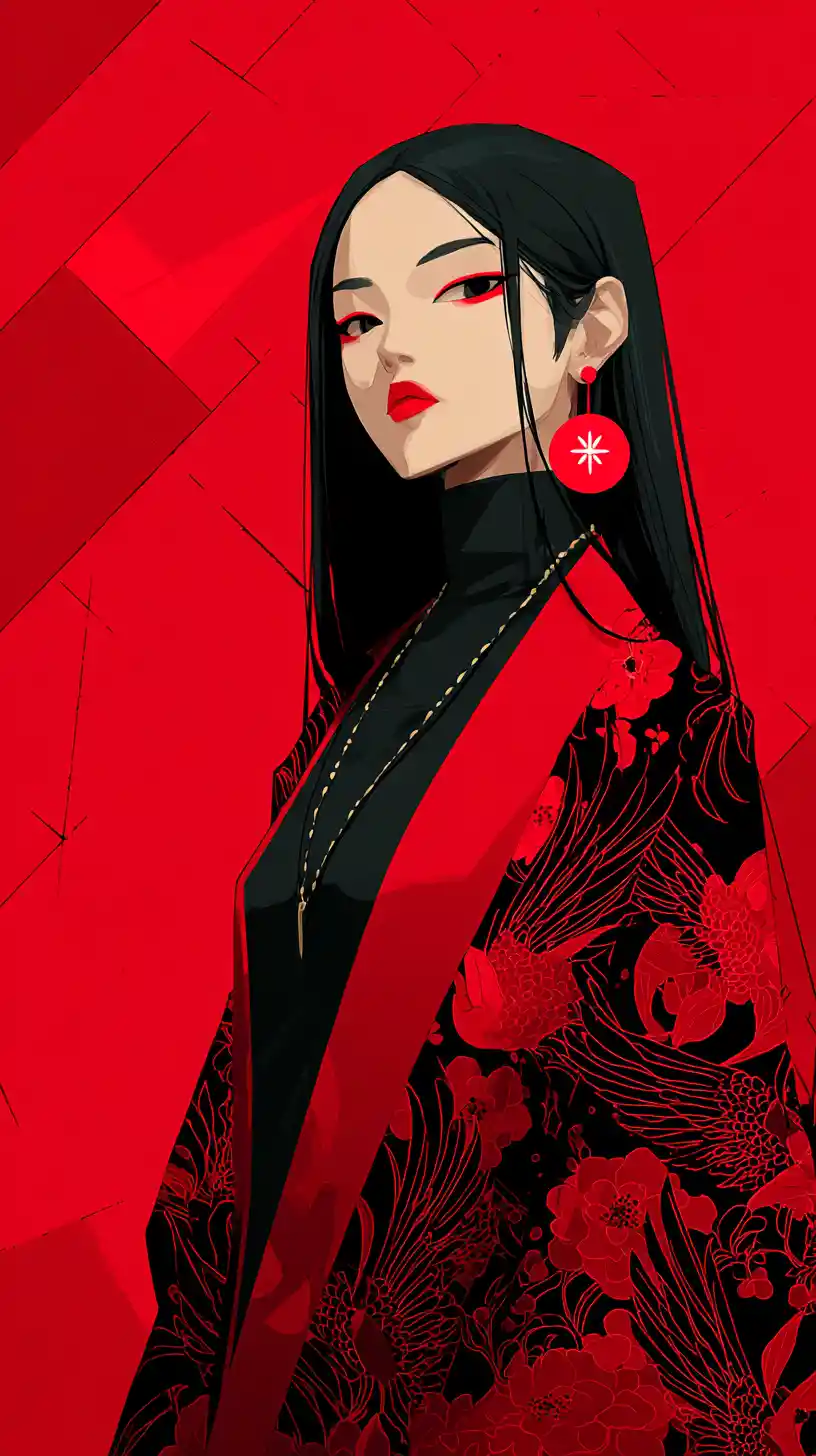 Elegant anime woman in red kimono against geometric crimson