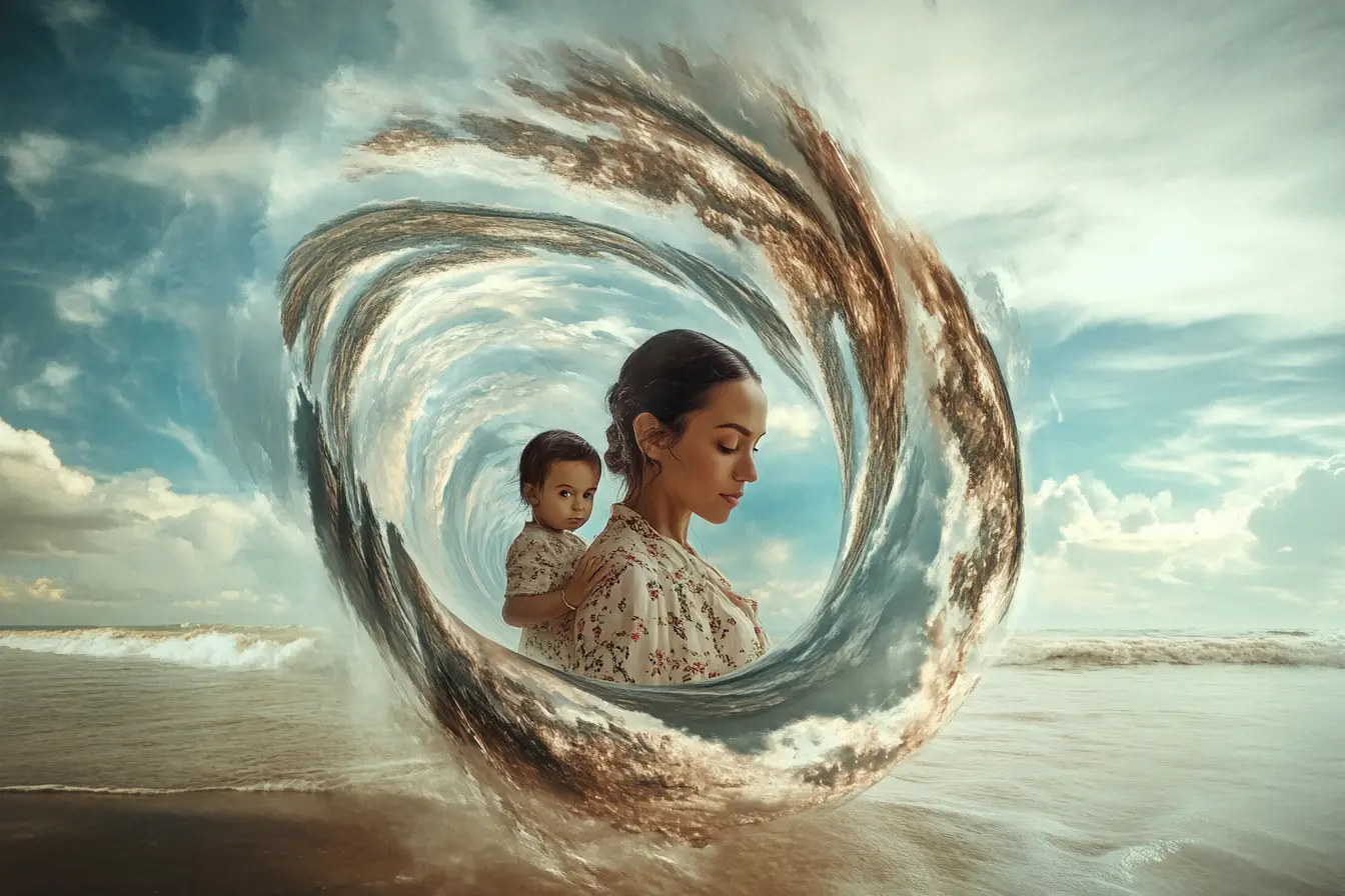 Surreal illusion of a mother and child in shifting forms