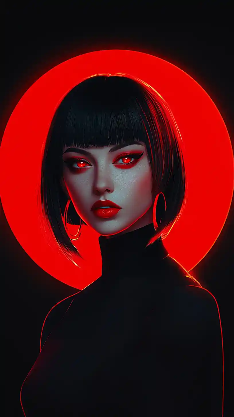 Mysterious anime woman with red halo and glowing gaze