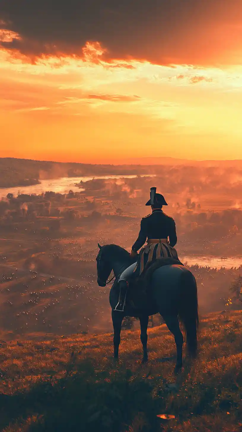 Napoleon on horseback overlooking a dramatic sunset battlefield