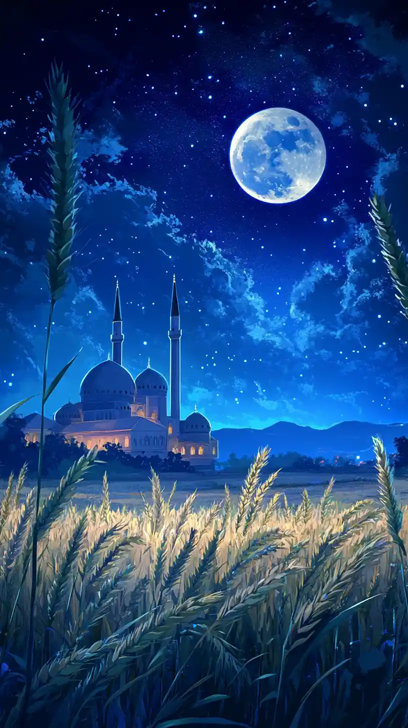 Moonlit mosque beyond a quiet wheat field at night