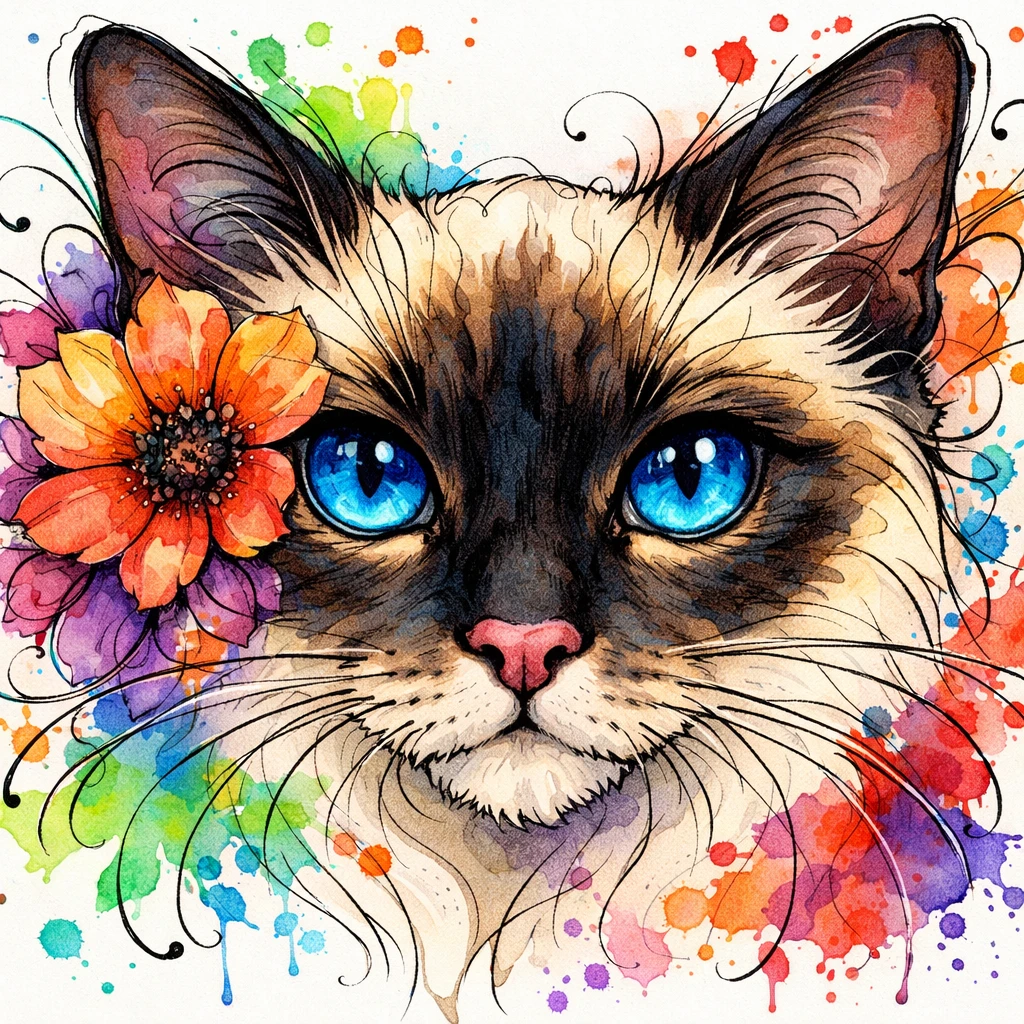 Whimsical Siamese cat close up with vivid watercolor florals