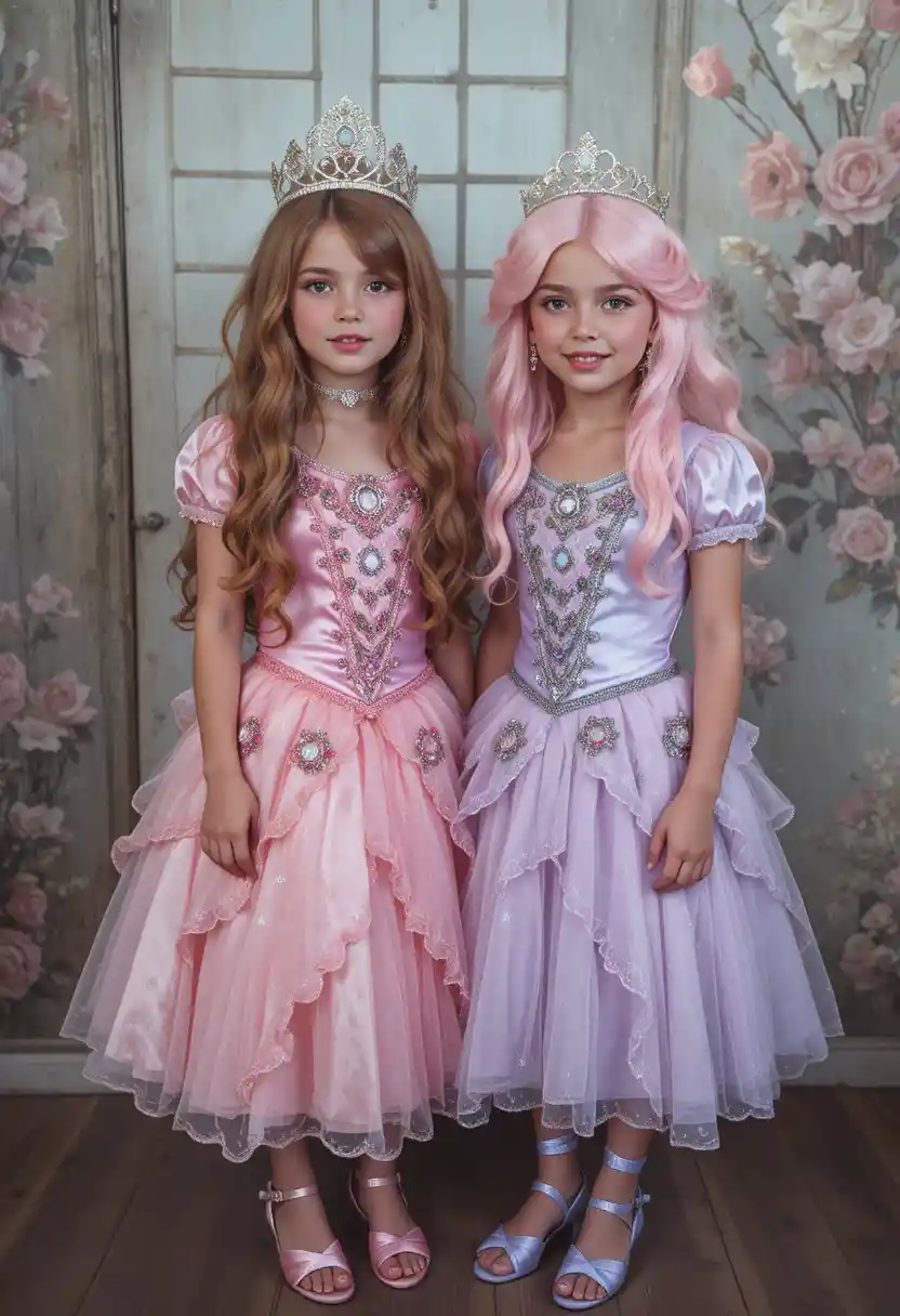 Tween boys dressed as princesses in dresses and tiaras