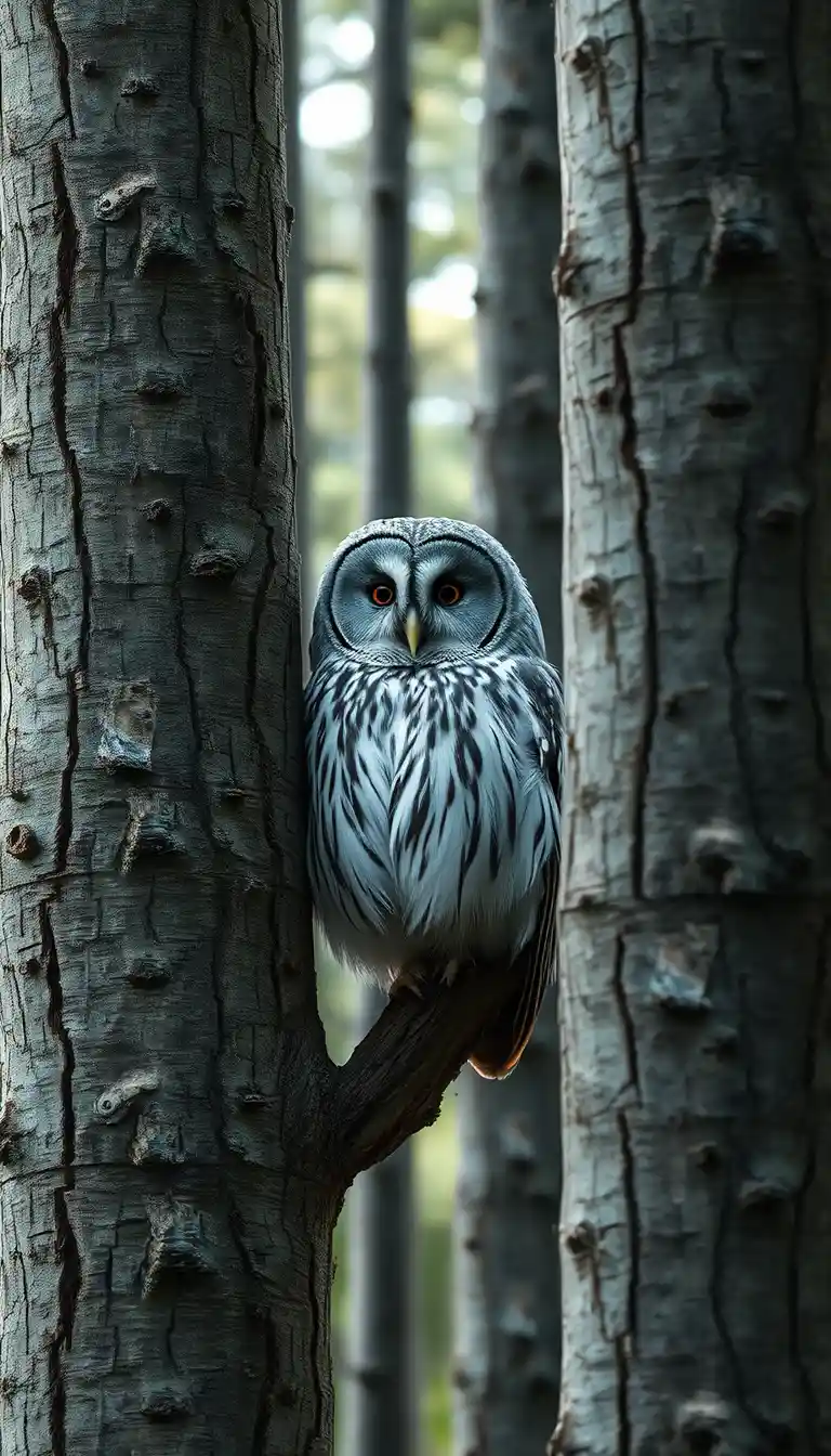 Camouflaged gray owl blending into textured forest bark