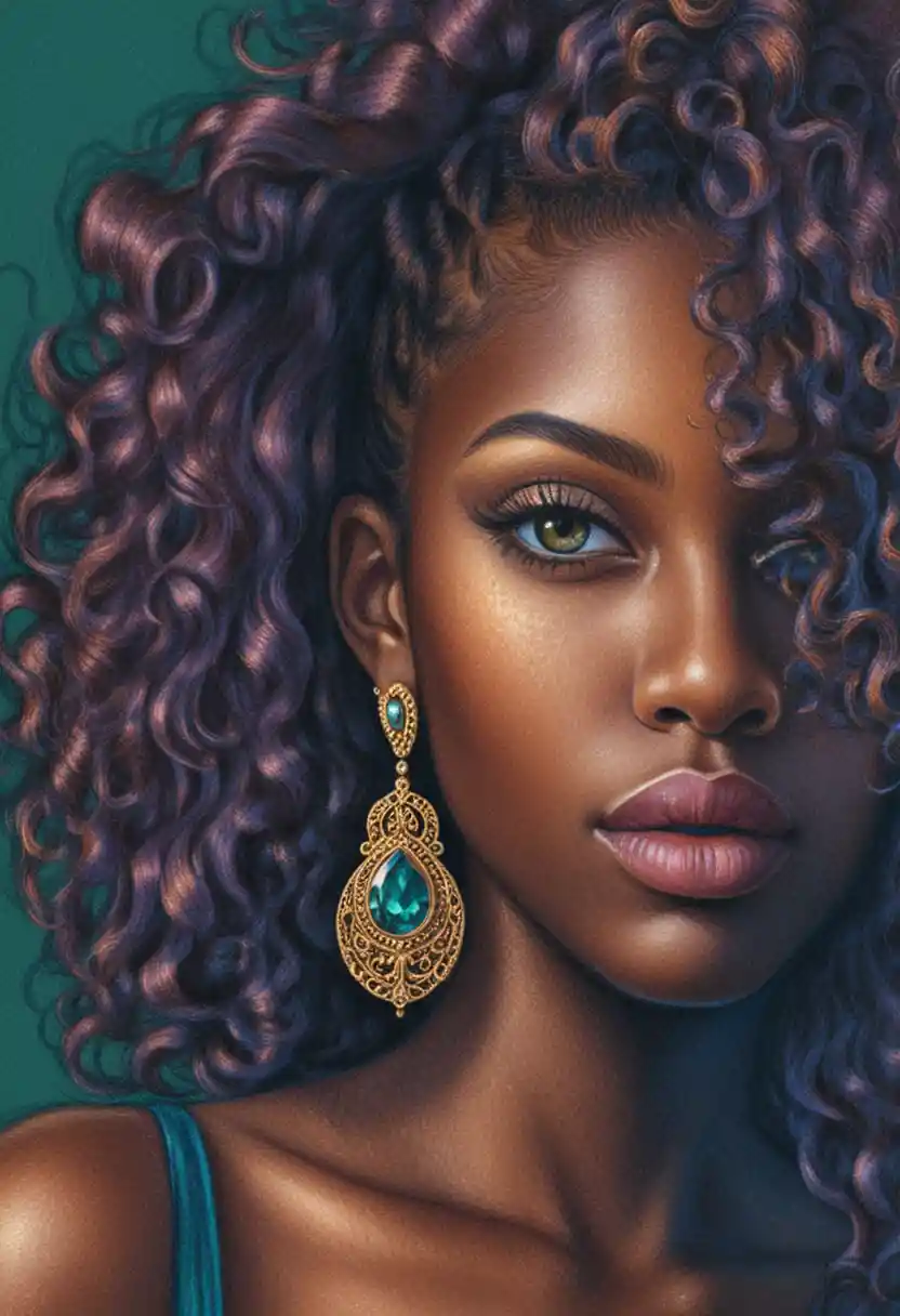 Close up portrait of a woman with curly highlighted hair