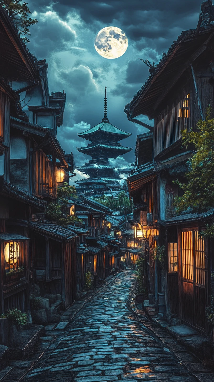 Moonlit Japanese alley with glowing windows and distant temple