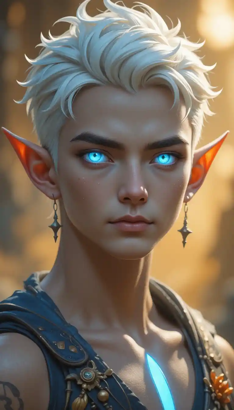 Young eliatrope man with glowing blue eyes and white hair