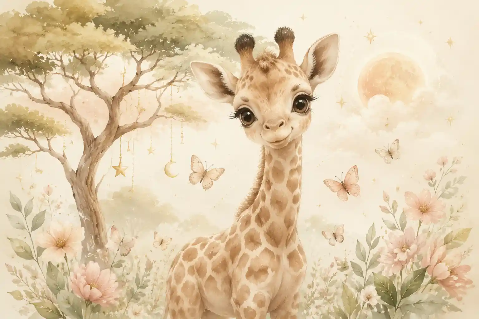 Niedliche Baby-Giraffe Illustration mit pastellfarbenen Bäumen und Schmetterlingen