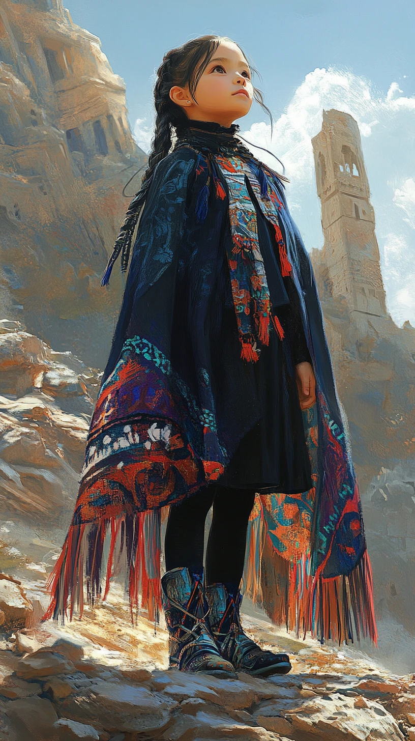 Young girl in patterned cape on surreal rocky hillside