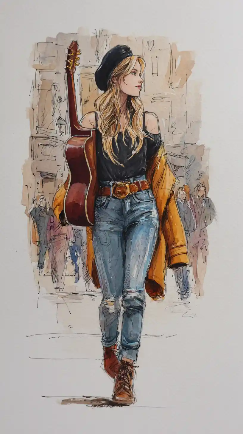 Young woman walking forward with guitar and mustard jacket