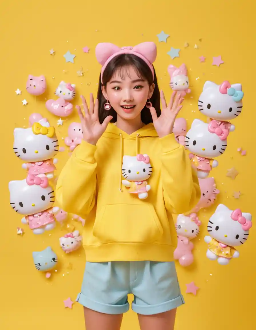 Playful girl dancing on bright yellow background with sparkles