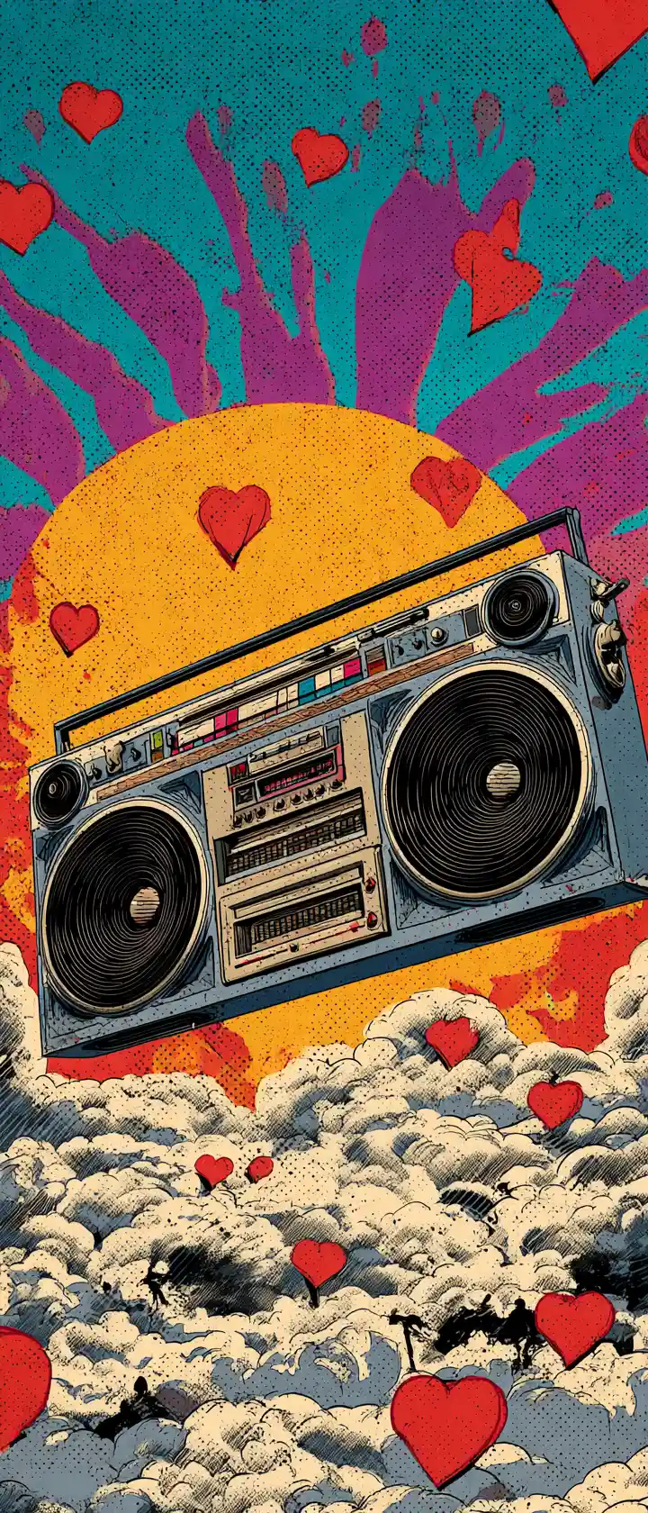 Giant Retro Boombox Floating Above A Vibrant Cloud Sea