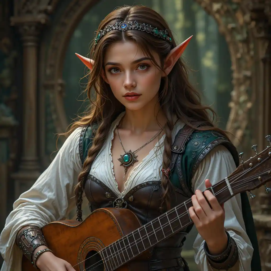 Charming elf bard woman with lute and leather corset