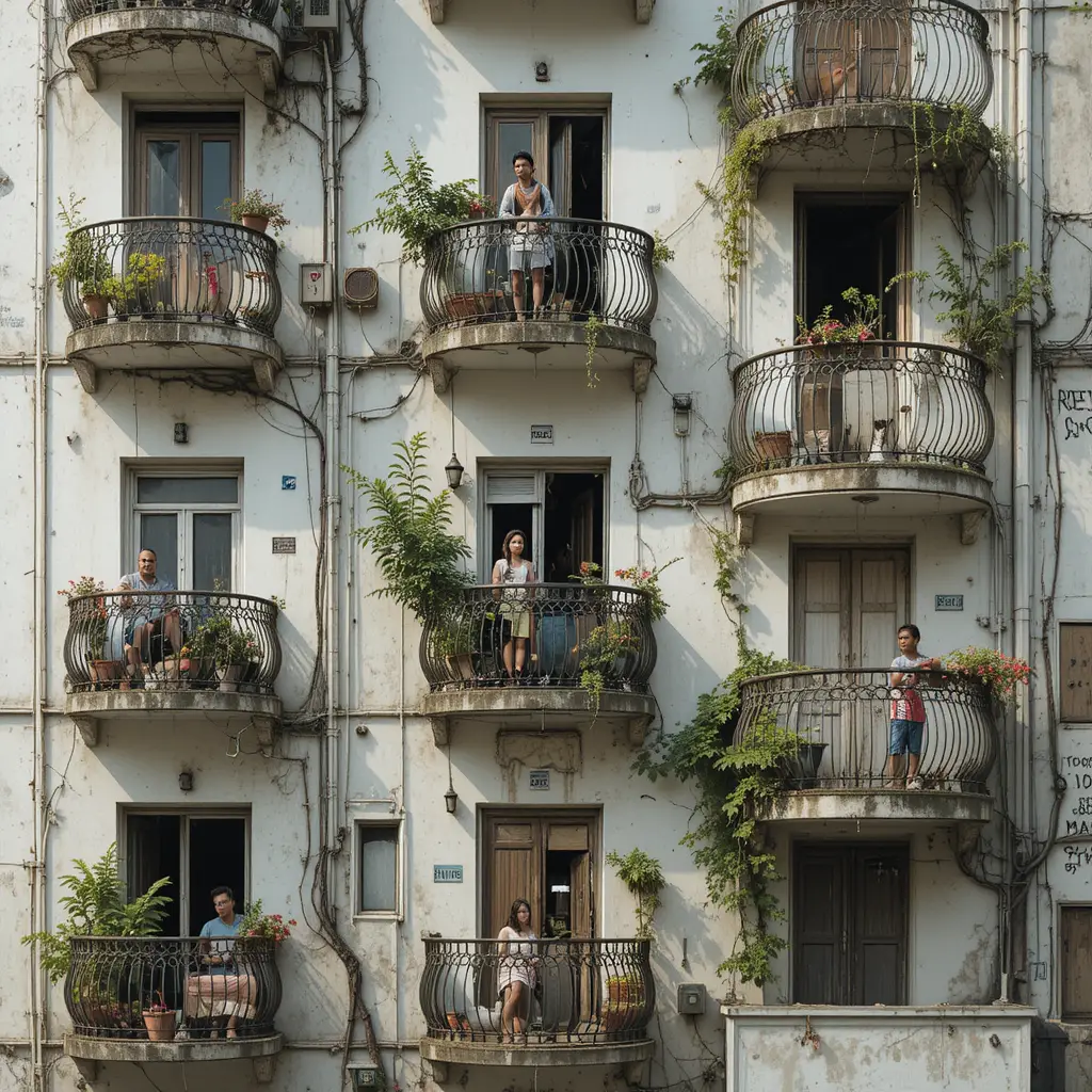 Staggered metal balconies on a worn sao paulo apartment