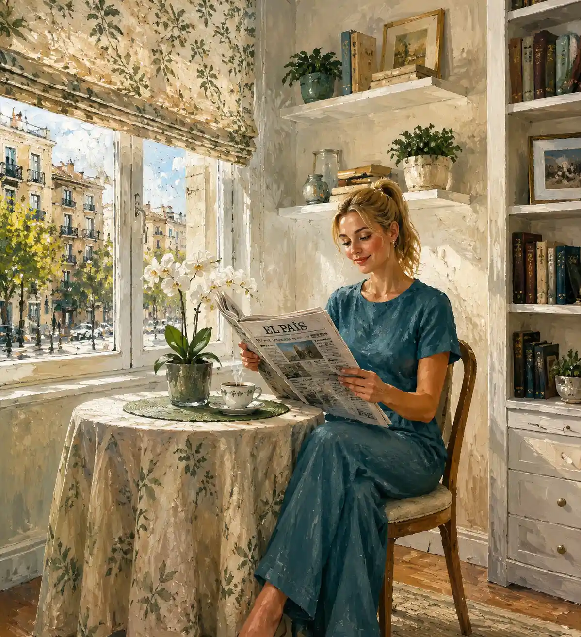 Young woman reading a newspaper in a cozy living room