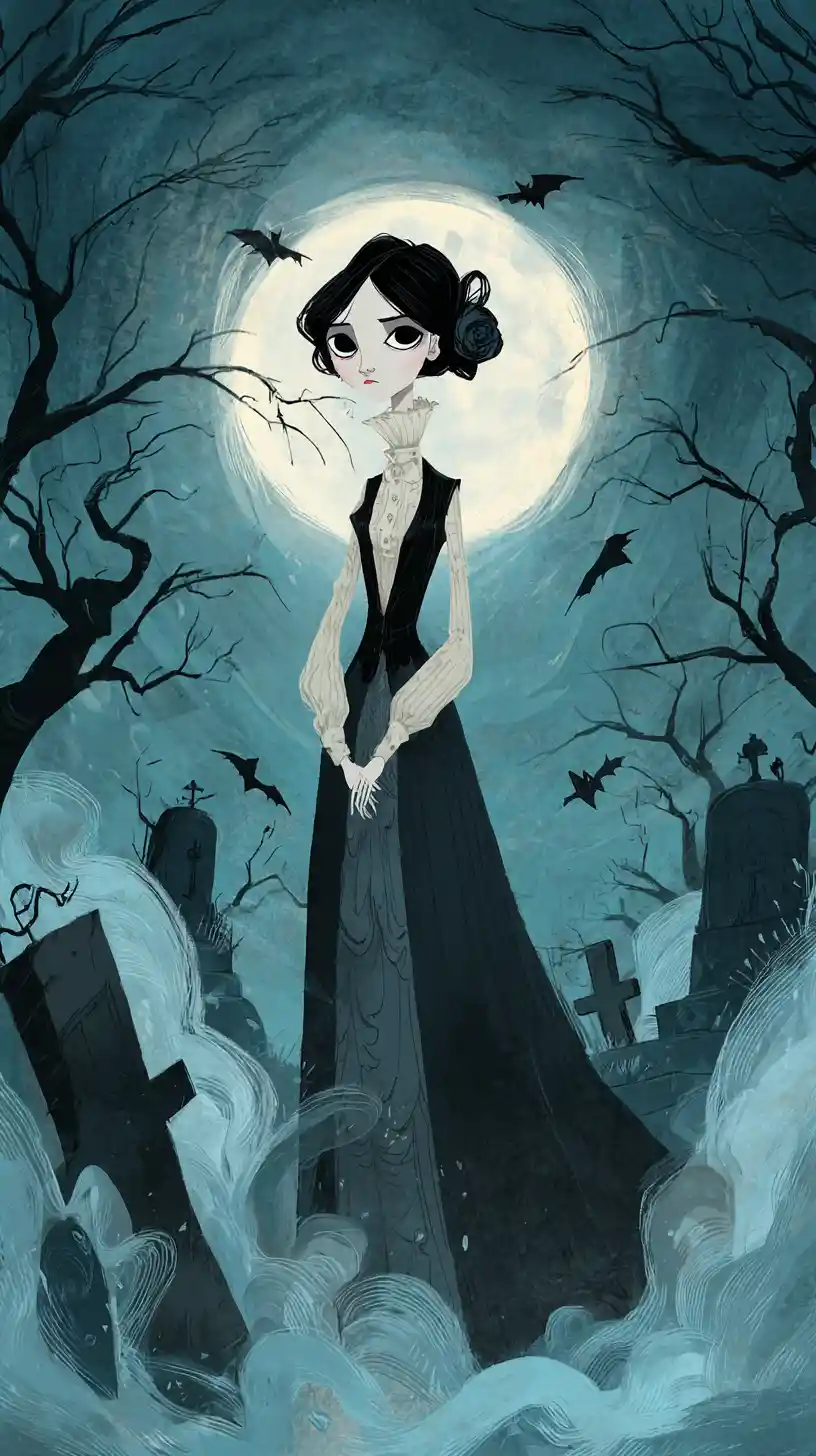 Gothic woman in moonlit graveyard with swirling fog