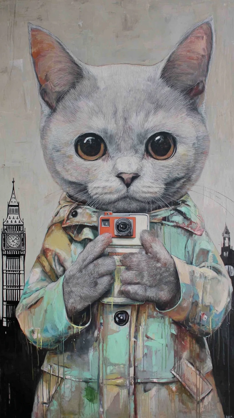 Gray cat taking a selfie by Big Ben in the rain