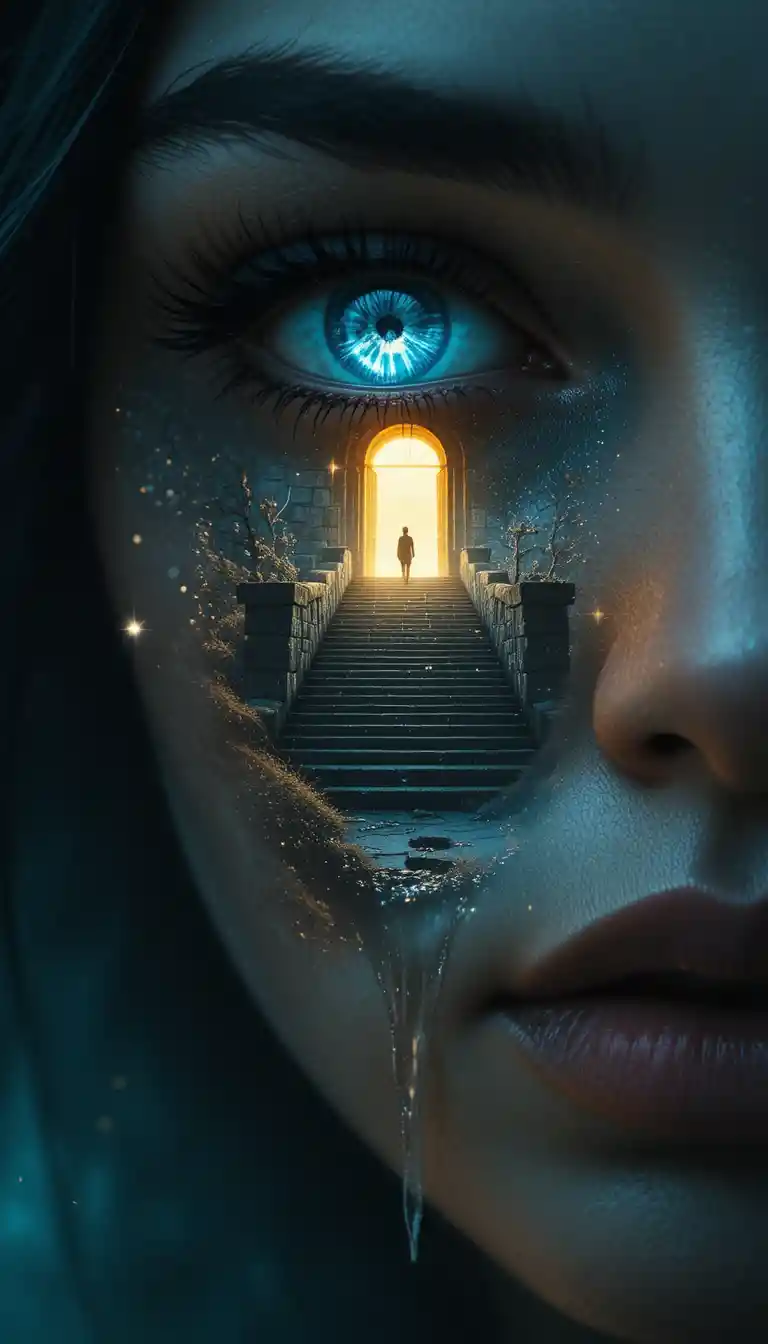 Close up portrait of woman with glowing crystal blue eyes