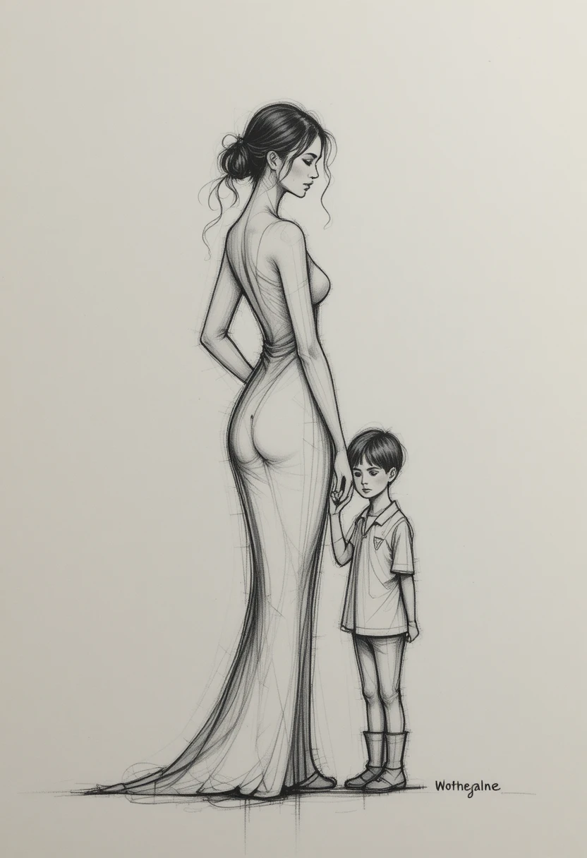Minimalist charcoal woman and child in intimate composition