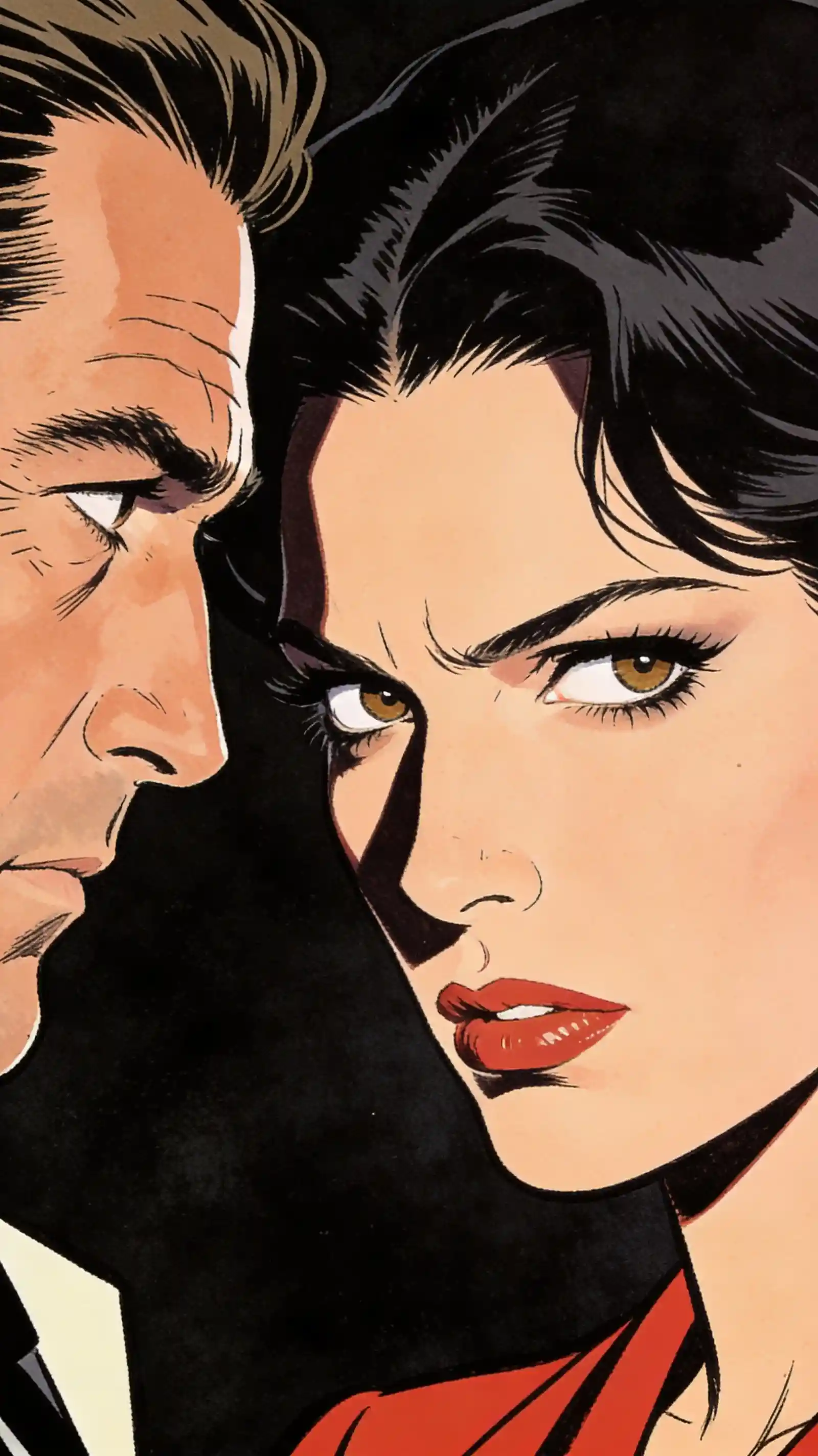 Extreme close up of a critical woman in noir illustration