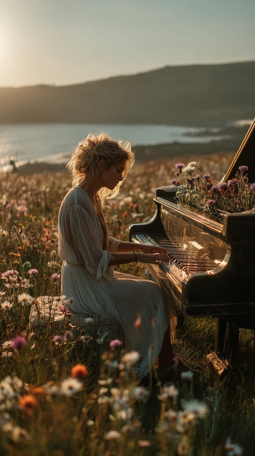 Woman in white dress playing piano in wildflower meadow