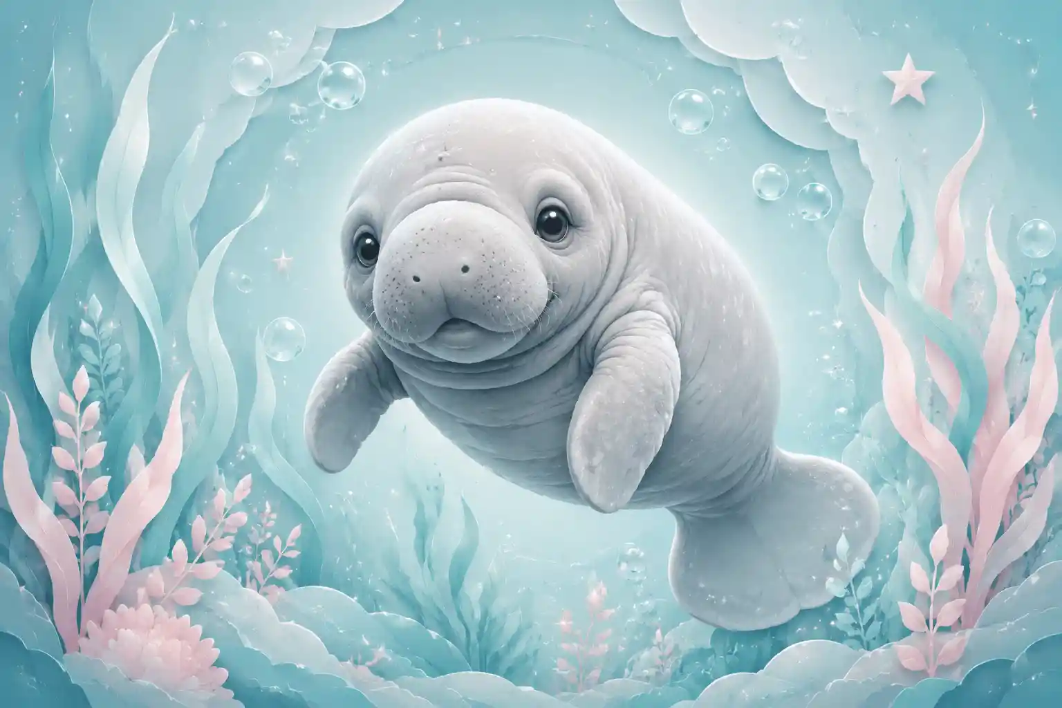 Cute baby manatee floating in soft pastel underwater scene