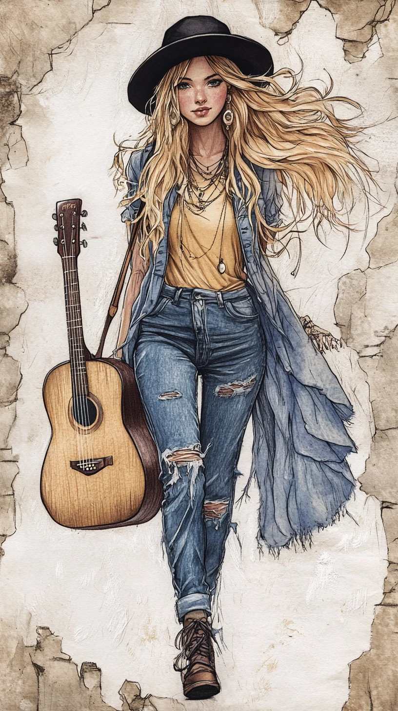 Young woman walking with guitar past rustic stone wall