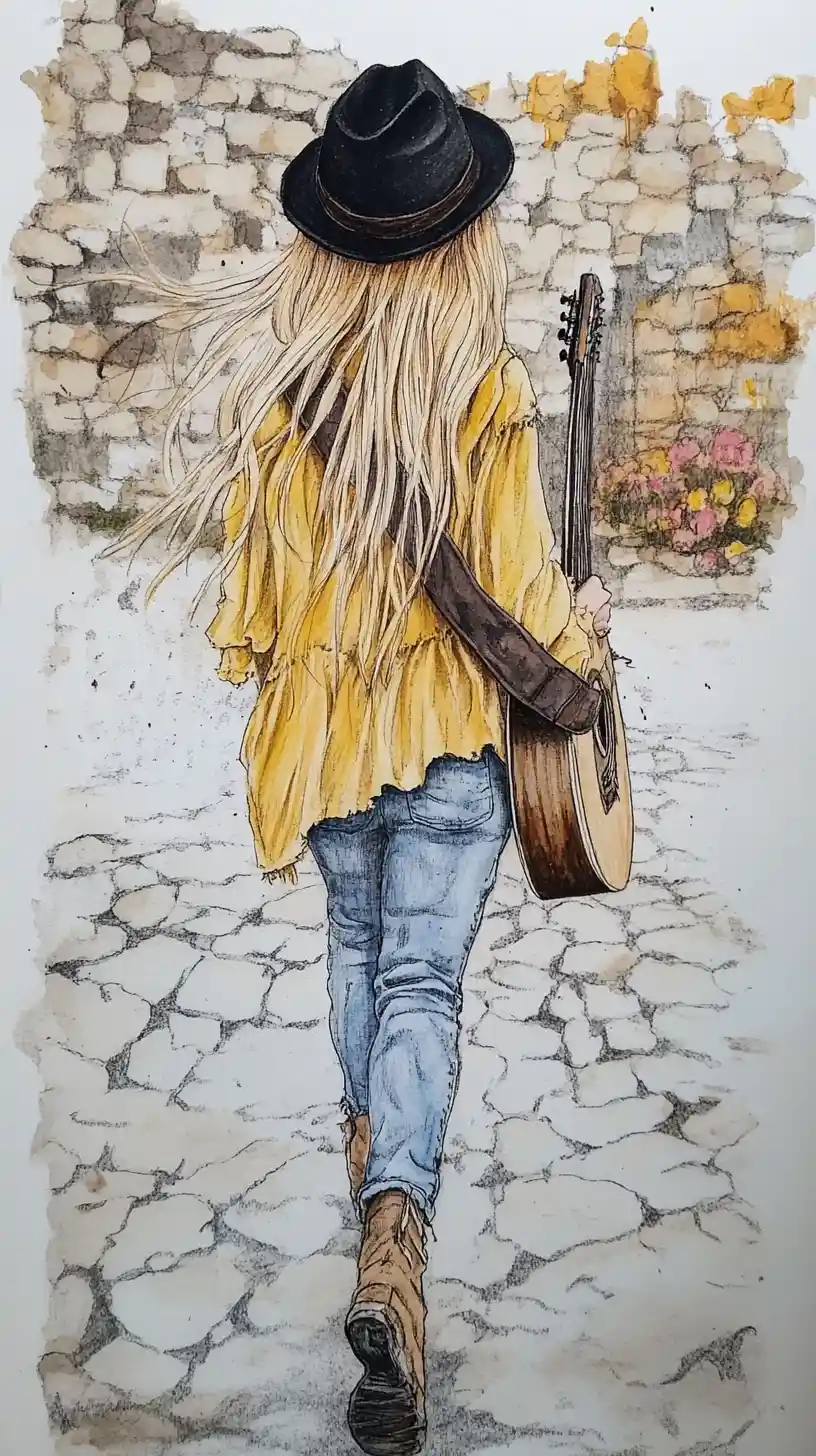 Bohemian woman with guitar walking on cobblestone street
