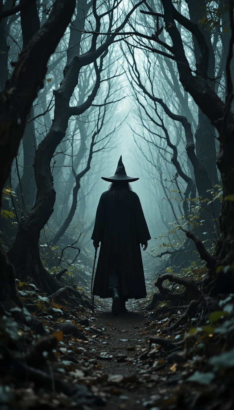 Lone Wizard Walking Through A Dark Misty Forest