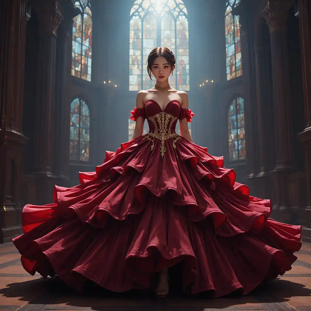 Korean woman in red velvet ballgown under dramatic spotlight