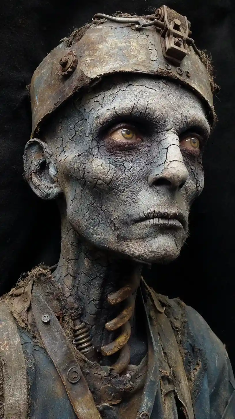 Grotesque necrotic humanoid portrait with glowing amber eyes