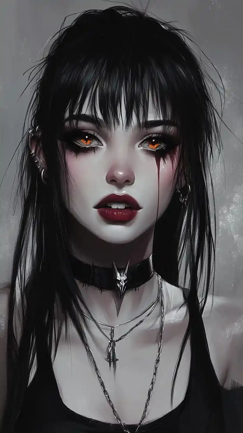 Vampiric emo girl close up with sharp fangs and orange eyes