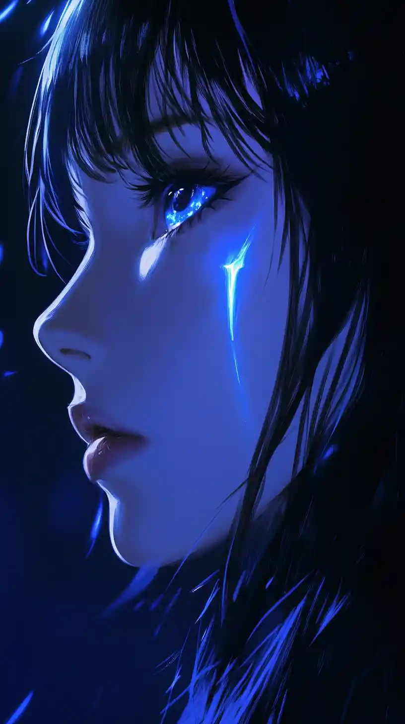 Melancholic anime woman in neon blue close up portrait