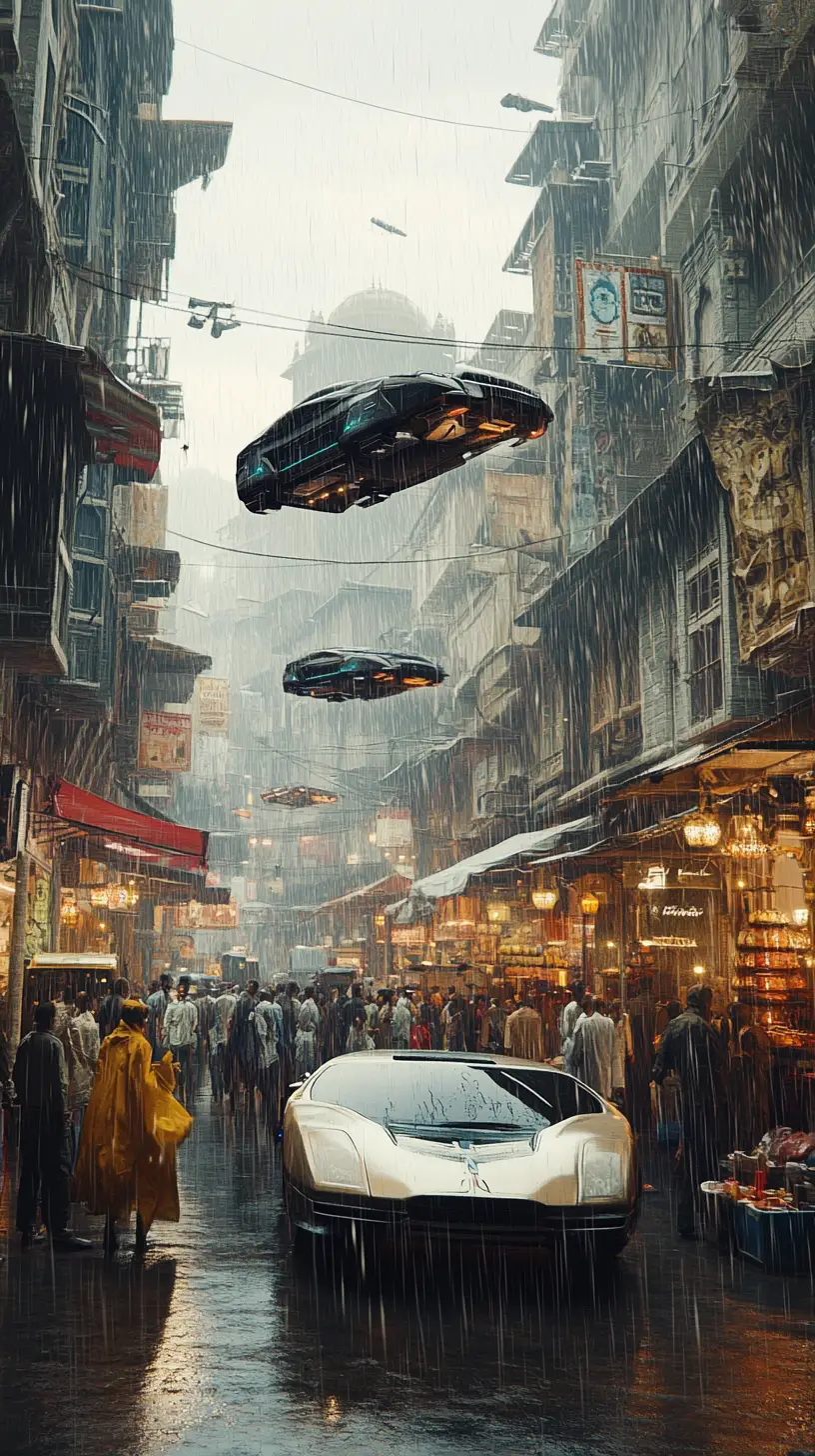 Giovane in città futuristica piovosa con auto volanti