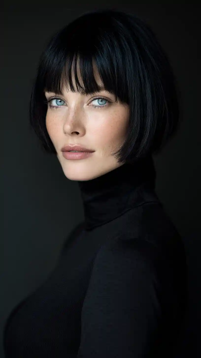 Elegant woman with blue black bob in studio portrait