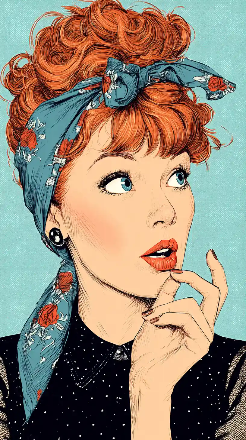 Red haired vintage woman portrait with blue floral scarf