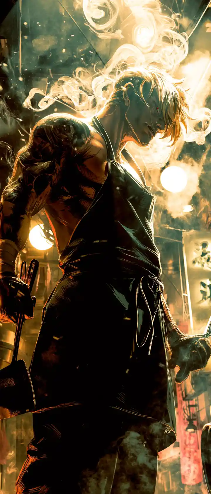 Anime chef wielding chi charged kitchen weapons in alley battle